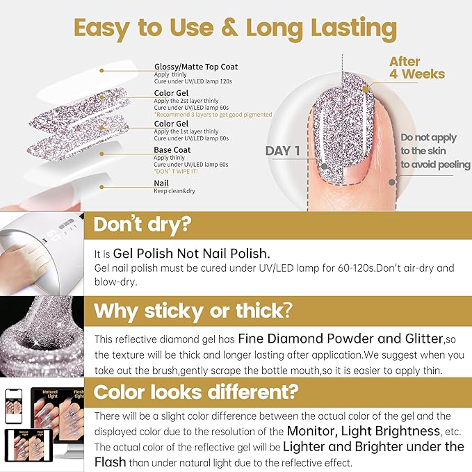 YTD Likomey Reflective Glitter Gel Nail Polish,15ml Light Pink Flash Diamond Shimmer Nails Gel,Sparkly Shiny Salon Home Nail Art Manicure UV Nail Gel,SZ008