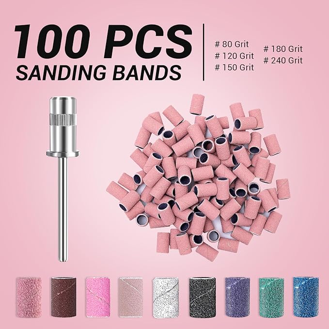 MelodySusie 100 Pcs Nail Drill Bits Sanding Bands for Nail Drill 120 Medium Grit Nail File Sanding Bands for Acrylic Nails Gel Manicures and Pedicure, Pink