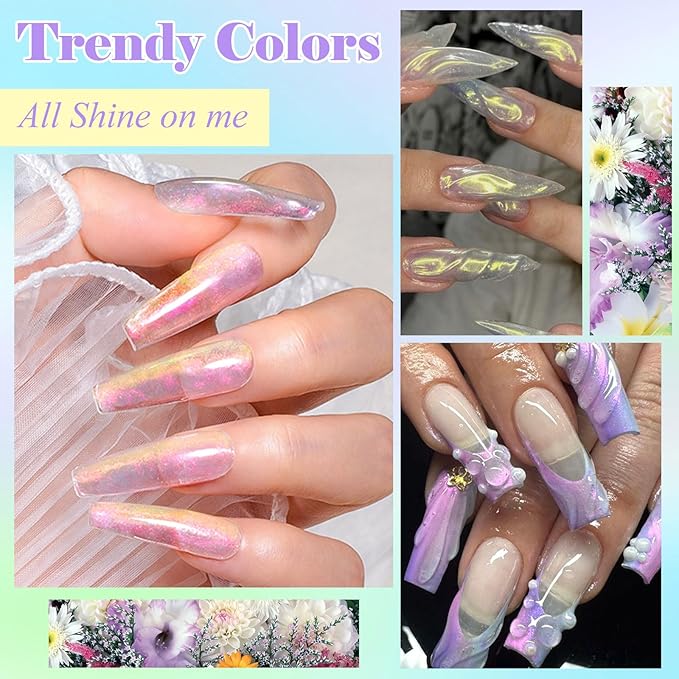 MEET ACROSS 9Pcs 3D Builder Gel Kit for Nail Art Aurora Pink Purple Non Sticky Hand Carving Extension Solid Builder Gel for Nails with Silicone Pen Manicure Kit 4 Colors