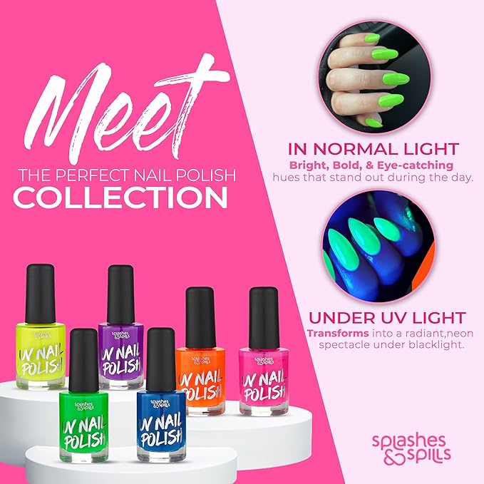splashes & spills UV Blacklight Glow Nail Polish - 6 Color Variety Pack, 13ml – Day or Night Stage, Clubbing or Costume Makeup
