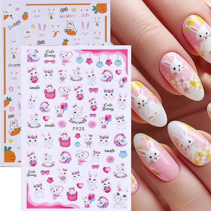 Easter Bunny Nail Art Stickers Decals 12 Sheets 3D Self-Adhesive Cute Rabbit Nail Art Stickers Easter Egg Chick Ears Designs Colorful Flower Daisy Spring Sliders Holiday Manicure Decoration