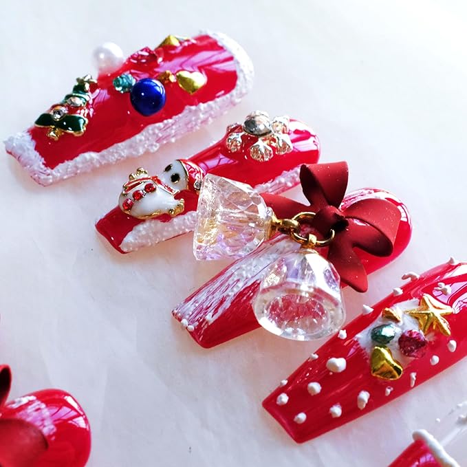 Christmas Press-On Nails, Long Ballerina Shape, Red and White Design with Snowman, Bows and Snowflakes, 10 Pieces (Small, LS)