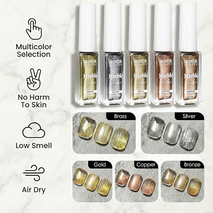 A'DOR BEAUTY Marble Ink for Nails Set - 12 Watercolors & 5 Metallic Shades, Blooming Gel Magic Nail Polish, Nail Art Supplies for Marbling, Veining & Abstract Nail Design - Metallic Marble Bronze