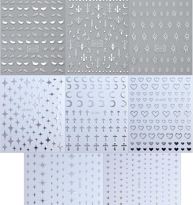 8 Sheets Silver Nail Art Stickers Decals Angel Wings Crosses Nail Stickers Sun Stars Moon Totem Design Nail Decals 3D Self-Adhesive Nail Stickers for Women Manicure Decoration