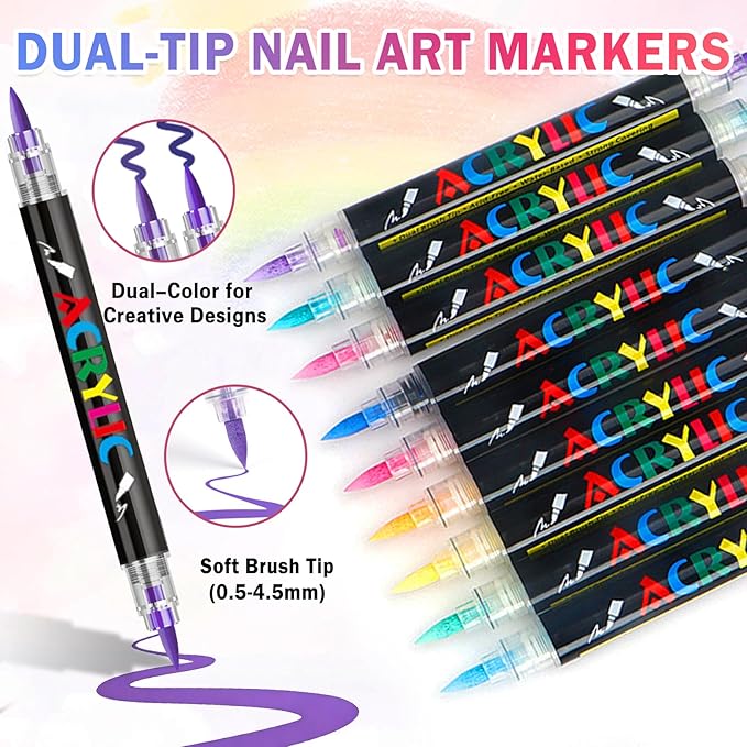 Nail Art Pens Set, Dual-head Dual-color Nail Polish Pens Nail Art Drawing Markers Pen Quick Dry Waterproof Nail Art Painting Pens Kit for Home DIY Nail Art Design(12PCS/24 Colors)