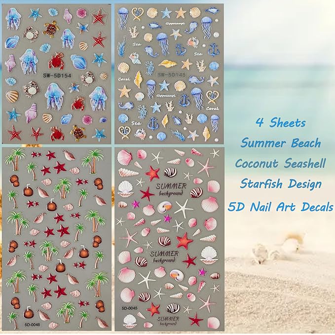 4 Sheets Summer Nail Stickers for Nail Art 5D Summer Nails Decals 3D Self-Adhesive Nails Supplies Accessories Shell Jellyfish Starfish Stickers for Women Nails Decoration