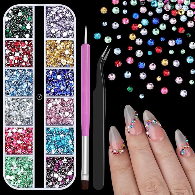 5000Pcs Resin Rhinestones for Nail Art, Small Colorful Rhinestone 2/3mm Bedazzling Flatback Crystals Nail Gems Nail Rhinestones with Pickup Tools for Manicure Decor Crafts DIY