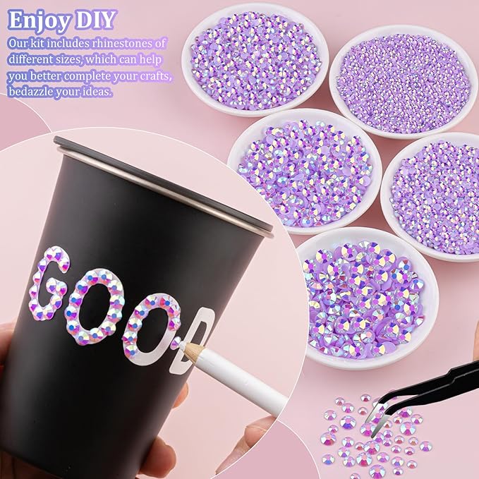 25000Pcs Resin Jelly Rhinestones with Tweezers for Crafting, Lavender Purple AB Flatback Gems, Bedazzling Crystal with 3Pcs 10ml B7000 Jewelry Glue for DIY Crafts Clothing Tumblers Shoes Nail Art