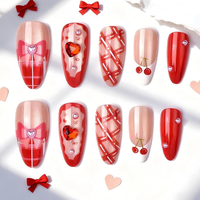 24Pcs Valentines Day Press on Nails Medium Almond Red Fake Nails Nude False Nails with Bow Cherry Pearls Design Red Heart Rhinestone White French Glue on Nails Artificial Stick on Nail for Women
