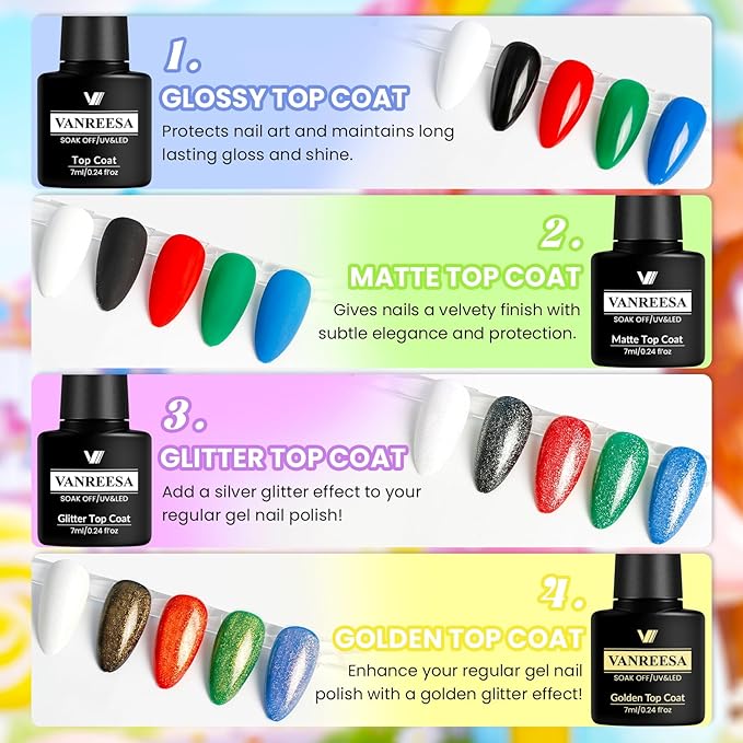VANREESA 24 Pcs Gel Nail Polish Set -Trendy Colors Gel Polish with Base Coat & 4 Effects of Top Coat White Nude Pink Orange Yellow Green Blue Purple Black Gel Polish Set Nail Kit Gifts for Women Girls