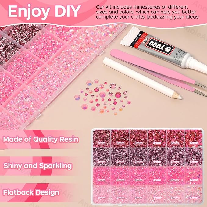 26000 PCS Pink Resin Flatback Rhinestones for Crafting, Resin Rhinestones for Bedazzling Kit, 2/3/4/5/6mm Flatback Gems Jewels for DIY Mugs Tumblers Clothing Shoes Nail Art