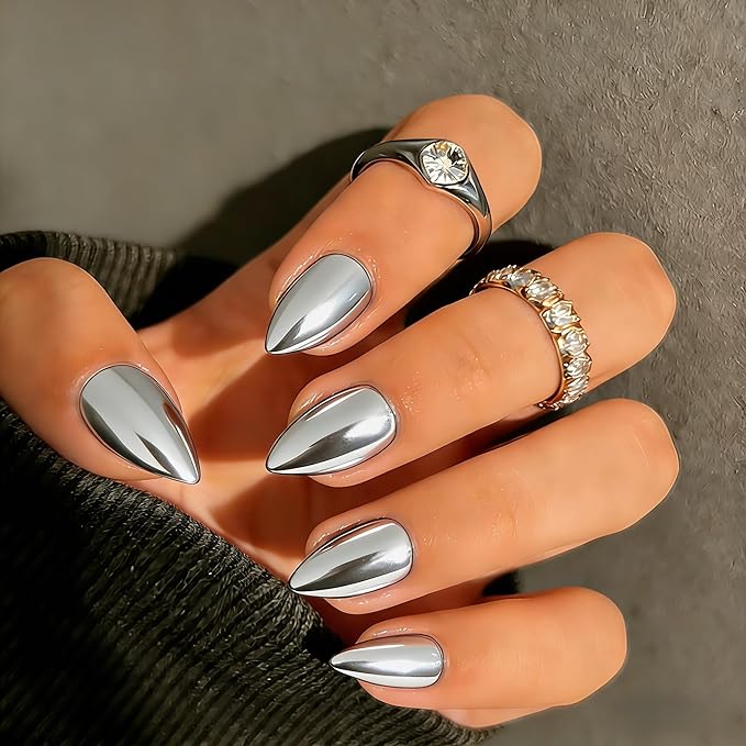 Chrome Press on Nails Short Almond, Metallic Sliver Fake Nails with a Sparkle Mirror Finish, Glitter Glue on Nails for Women Birthday Party, Thick Quality Soft Gel Nail Press ons 30 Pcs