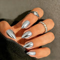 Chrome Press on Nails Short Almond, Metallic Sliver Fake Nails with a Sparkle Mirror Finish, Glitter Glue on Nails for Women Birthday Party, Thick Quality Soft Gel Nail Press ons 30 Pcs