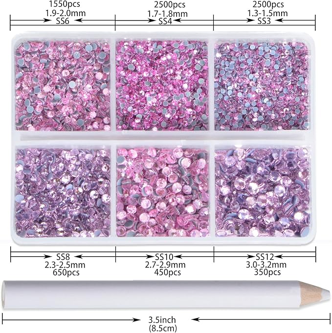 NCB Hotfix Iron on 8000pcs Crystal Rhinestones Round Gem for Crafts Decoration DIY Jewelry Making with a Picking Pen (Lt. Rose, 6Sizes SS3-SS12)