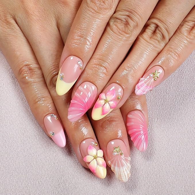 Gradient Flower Press on Nails Handmade Press on Nails French False Nails with 3D Floral Embossed Designs Medium Almond Fake Nails False Nails Thicked Acrylic Nail Stick on Nail for Women（Size M)