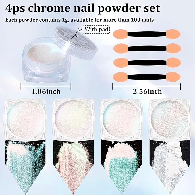 SIUSIO 4Colors Chrome Nail Powder Metallic Mirror Glitter Effect Pigment Iridescent Aurora Dip Powder, Mermaid Pearl Dust Kit for Gel Polish Nail Art Decoration, Resin Craft-Colorful Dream