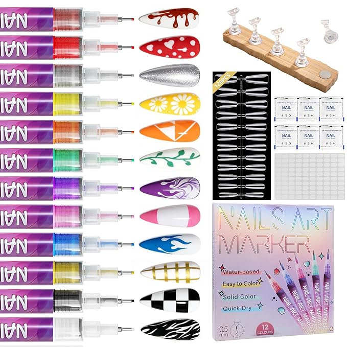 Nail Art Pens Set,12 Color 3D Quick-Dry 0.5MM Nail Polish Pens,Acrylic Nail Paint Markers Kit,DIY Graffiti Dotting Liner Pen for Manicure Home Salon Beginners