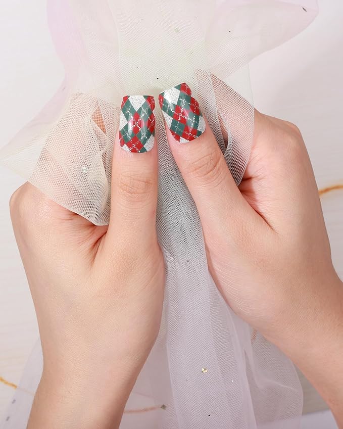 20pcs Christmas Semi Cured Gel Nail Strips - Salon-Grade DIY Wraps with Glaze Texture, Easy Application, UV Light Required for Festive Nails(Christmas Glitter Argyle Nails)
