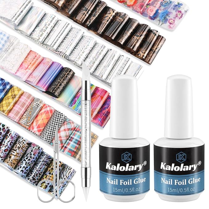 Kalolary 30ML Nail Foil Glue Gel with 60Pcs Foil Transfer Stickers Set, Holographic Laser Buffalo Plaid Flower Leopard Cheetah Nail Art Transfer Stickers for Salon Home Use