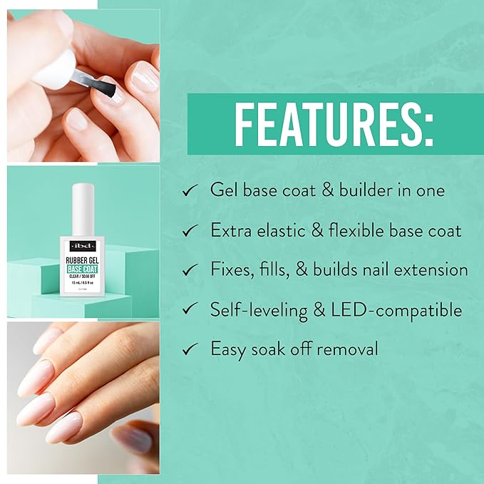 IBD Rubber Base Gel Nail Polish, Base Coat – Clear Soak-Off Builder Gel for Nails Strengthening & Breakage Prevention, 0.5 fl oz
