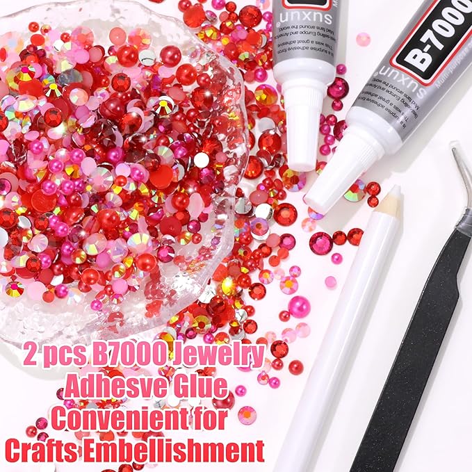 RODAKY Pink Red Rhinestone Gems Resin Jelly Rhinestones for Bedazzling Flatback Pearls Beads Stone for Valentine's Day Crafts 2Pcs 10ml B7000 Jewelry Glues Tweezers Dotting Pen