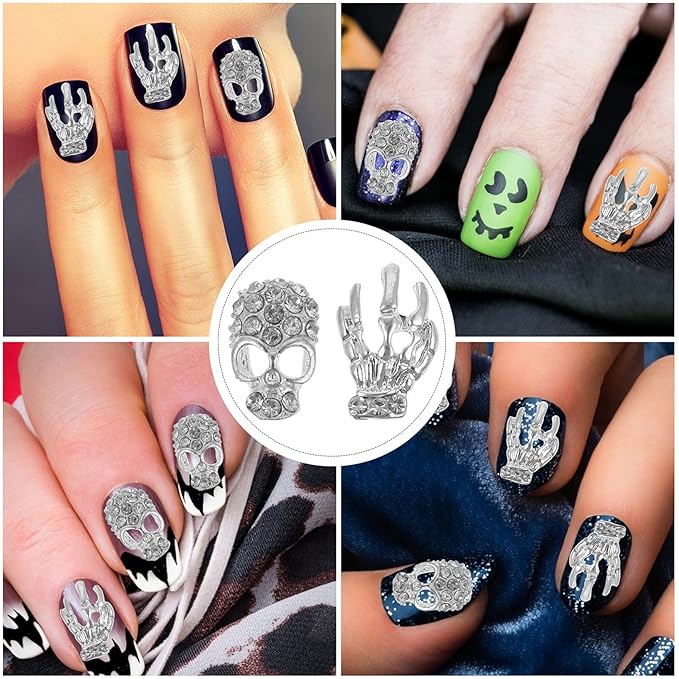 Beaupretty 40pcs Halloween Nail Charms 3D Skull Hand Nail Art Decals Rhinestone Cool Punk Skull Alloy Metal Nail Art Decoration Tips (Silver)