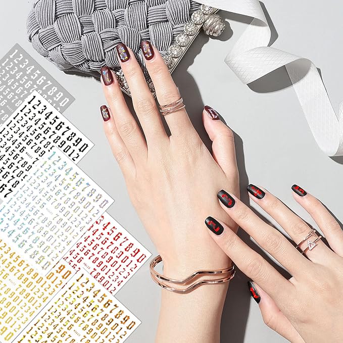 SILPECWEE 9 Sheets Number Nail Stickers Tips 3D Laser Nail Decals for Women Self Adhesive Nail Art Stickers Manicure Design Sticker Nails Decoration with 1Pc Tweezers