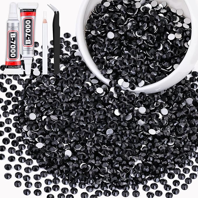 3000PCS SS16/4mm Crystal Rhinestones (Jet Black) with 2Pcs 10ml B7000 Jewelry Glue, Bedazzling Flatback Glass Rhinestones for Crafting, Gems Diomand Charms for Tumbler Shoes Clothing Mugs Nail Art