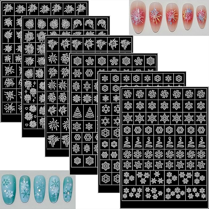 Christmas Nail Stickers Airbrush Stencils Stickers for Nail Art with Snowflower Fireworks Christmas Tree Designs Supplies Design Resusable Nail Guide for Manicure Nails Decoration 6 Sheets