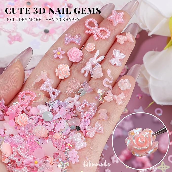 400Pcs Pink Nail Charms Kit, 3D Nail Gems and Rhinestones Flatback Pearls Mixed Shape Set, Heart Rabbit Butterfly Flower Bow Acrylic Resin Nail Art Decorations DIY Craft (Pink)