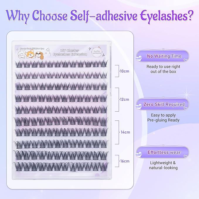 Self Adhesive Eyelashes, Individual Lashes Clusters for Fluffy Lash Clusters Kit, Pre Lash Glue Wispy Cluster Eyelash Extensions Kit Easy to Apply 120 PCs 10mm 12mm 14mm 16mm