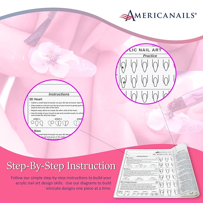 Americanails 3D Acrylic Nail Art Training Mat - Silicone Trainer Sheet for 3D Acrylic Nail Art Design - Step-by-Step Instructions & Diagrams - Create Hearts, Bows & Flowers - Protects Desk Surface