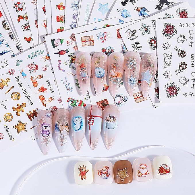 24 Sheets Christmas Nail Stickers for Women Cute Nail Art Stickers Snowflake Snowman Elk Penguin Christmas Tree Water Transfer Nail Decals Winter Xmas Nail Sticker 3D Self-Adhesive Nail Art Supplies