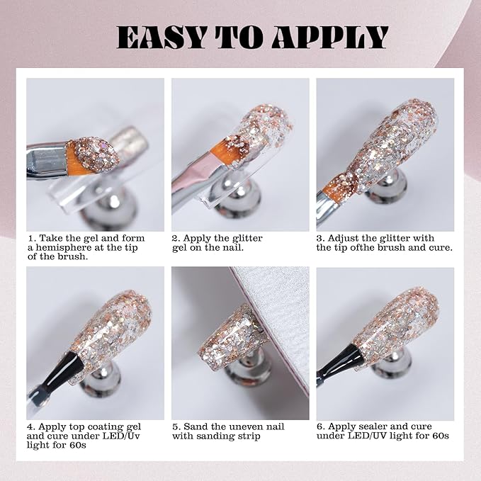 ADHERE Glitter Sequins Gel Nail Polish Set, 7 Colors Holographic Sparkle Sequins Gel Polish with Brush,Silver Champagne Gold Manicure Diy Nail Art Soak Off UV LED for Home Salon