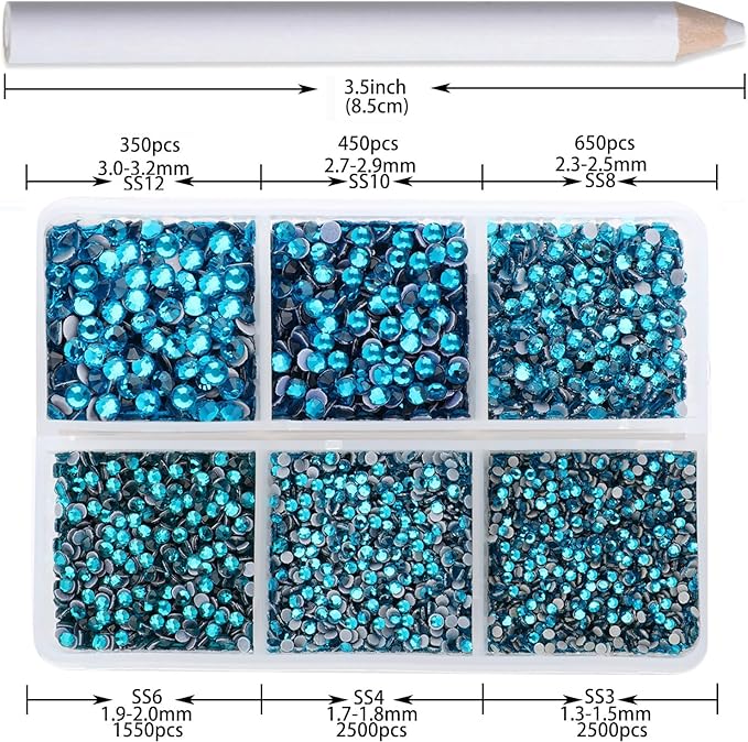8000pcs Hotfix Rhinestones Flatback,Rhinestones for Crafts Clothes Mixed 6 Sizes, Hotfix Crystals with Wax Pencil Kit, SS3-SS12,Blue Zircon