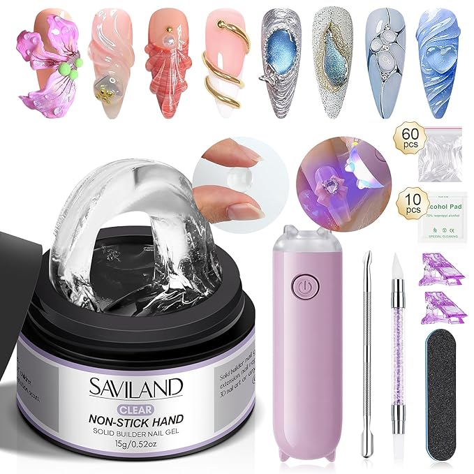 SAVILAND PRO-Hard Solid Builder Nail Gel for Nails: 2026 Ultra-Strength | Non-Sticky | Clear 3D Nail Gel with U V Lamp for 3D Nail Carving Emboss & Fast Extension Professional Use Salon