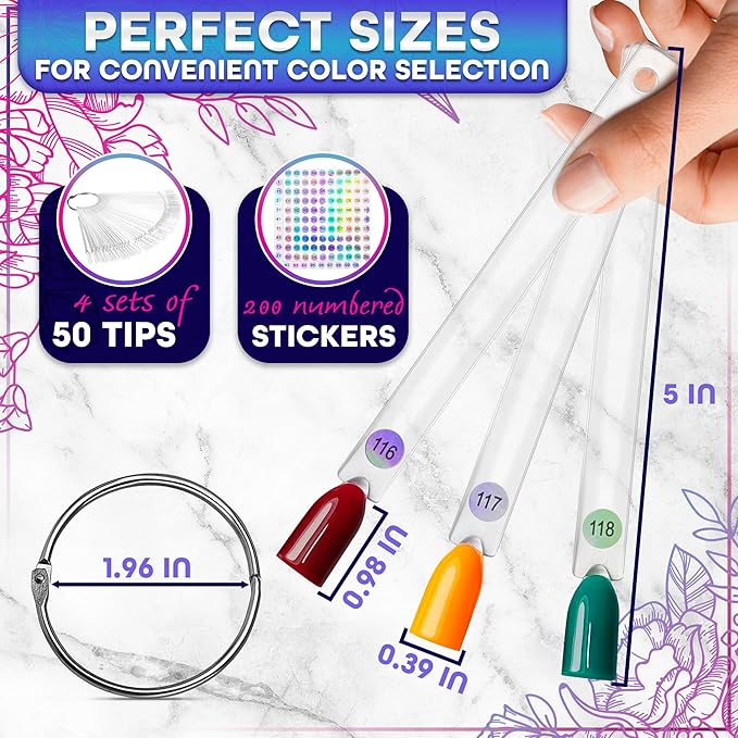 200 Pcs Nail Swatch Sticks – Color Swatches with Numbering Stickers and 4 Metal Rings – Easy to Paint On, Simple to Organize and Store for Professionals, Beginners, and Gel Polishes, Nail Forms