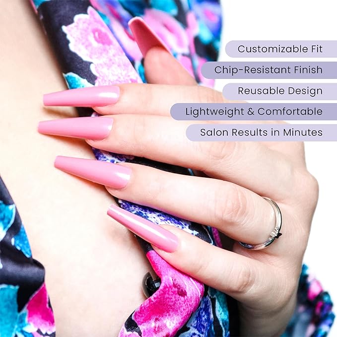 Allkem Press On Nails - Rose Pink Glossy Extra Long Ballerina 2 Set Bundle | 10 sizes - 20 pcs False Nails Full Cover Nail Kit with Glue