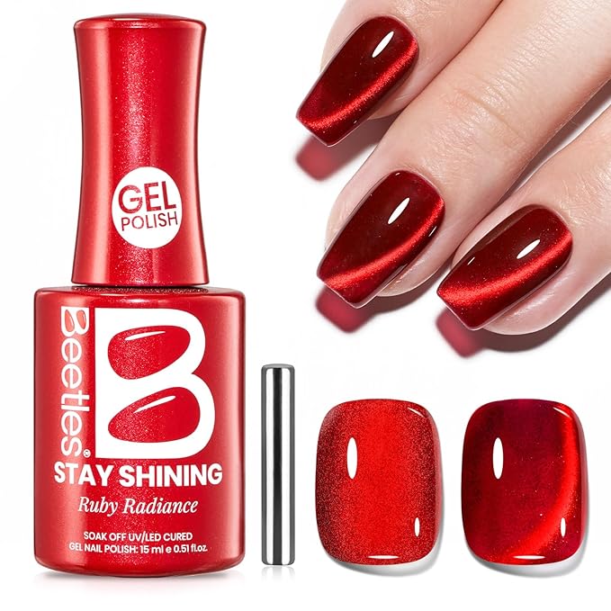 Beetles Stay Shining Ruby Radiance Red Cat Eye Gel Nail Polish - 15ML Red Cat Eye Glitter Gel Polish Magnetic Shimmer Effect Soak Off UV Design Salon DIY Manicure Gifts for Women
