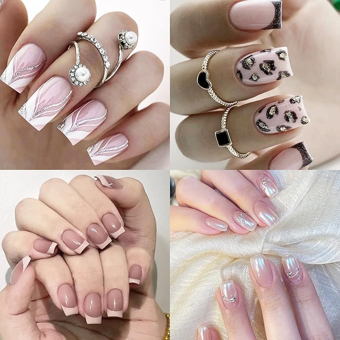 480PCS Nail Tips Clear False Nails Full Cover for Acrylic Fake Nails Kit 12 Sizes 2 Shapes Long Almond Square Pre-Shape for Salon Home DIY Gifts