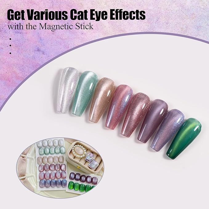 8Pcs 12ML Cat Eye Soak Off UV LED Gel Nail Polish Flower and Grass Series,Green Crystal Mint Tea Soft Pink Glitter Cat Eye with Magnet