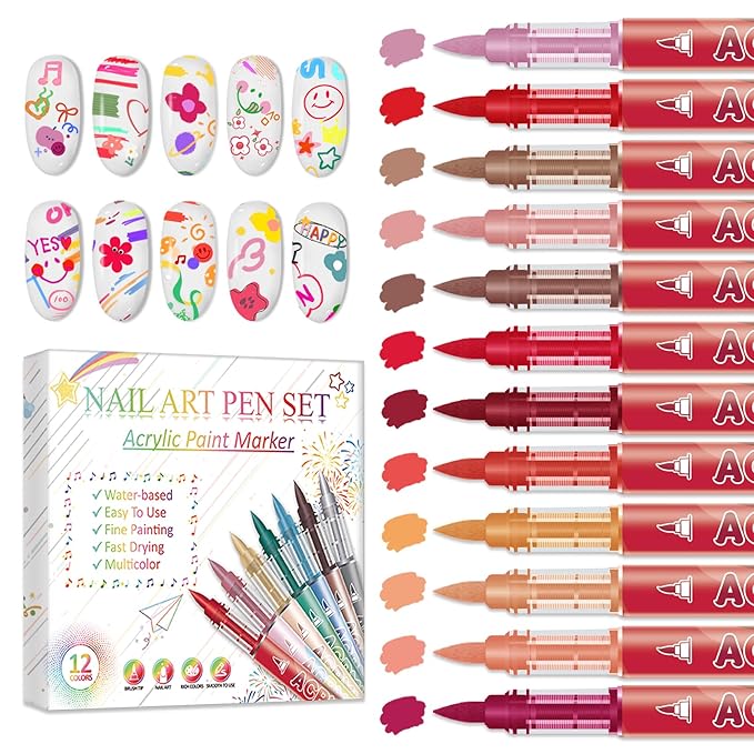 12 Colors Nail Art Pens Set, Nail Art Markers Polish Pens for Painting Nails, Acrylic Paint Drawing Painting Dotting Markers Pen Quick Drying Nail Art Design Manicure Tools 01 Red
