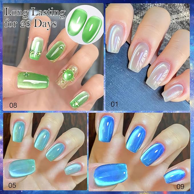 Glass Cat Eye Gel Nail Polish Set 12 Colors, Ceramic Magnetic Cats Gel Polish with Magnet Stick, Jelly Silk Velvet Crystal Effect Sock Off Nail Art Spring Summer Colors Manicure Gift Set for Women