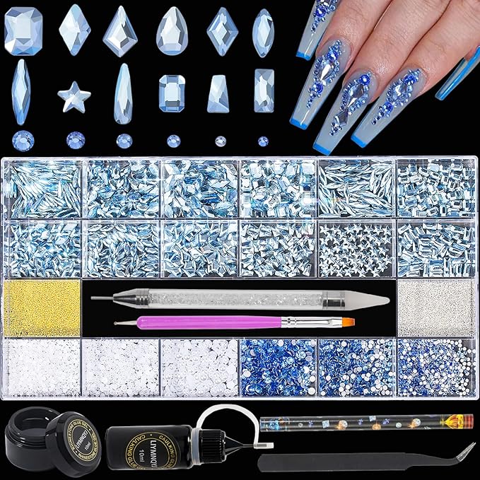 Nail Rhinestones Kit 9080PCS Flatback Rhinestones for Nail Crystals Decoration Nail Hearts Multi Shapes Mix Size and Metal Beads Pearl Gold Silver with Glue Gel and Pen Brush Tweezers(Light Blue)