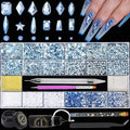 Nail Rhinestones Kit 9080PCS Flatback Rhinestones for Nail Crystals Decoration Nail Hearts Multi Shapes Mix Size and Metal Beads Pearl Gold Silver with Glue Gel and Pen Brush Tweezers(Light Blue)