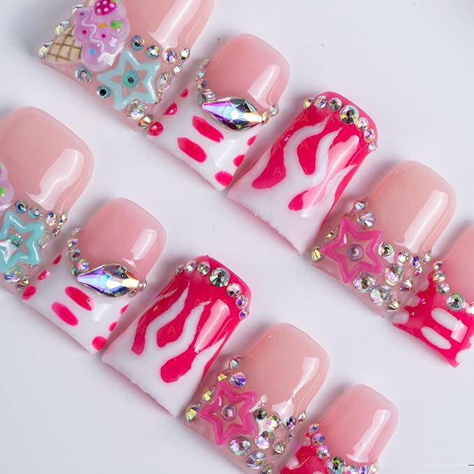 10 Pieces Luxury Acrylic Press On Nails Short Handmade Duck Nails, Pink Thickened False French Nails, Flame And Rhinestone, Reusable Fake Nails, Glow-in-the-dark Nails (S)