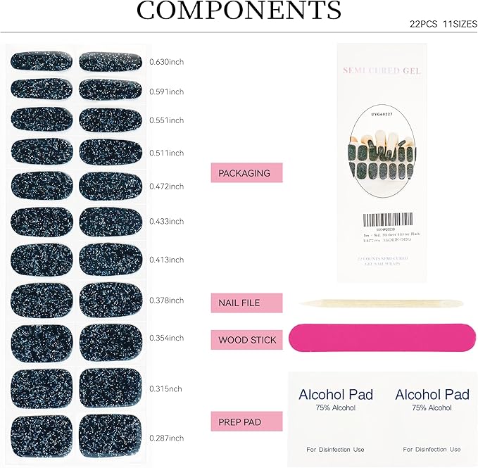 Semi Cured Gel Nail Strips Black Glitter Nail Strips with UV/LED Required Long Lasting Gel Nail Stickers Includes 22 Strips 2 Prep Pads, Nail File & Wooden Stick