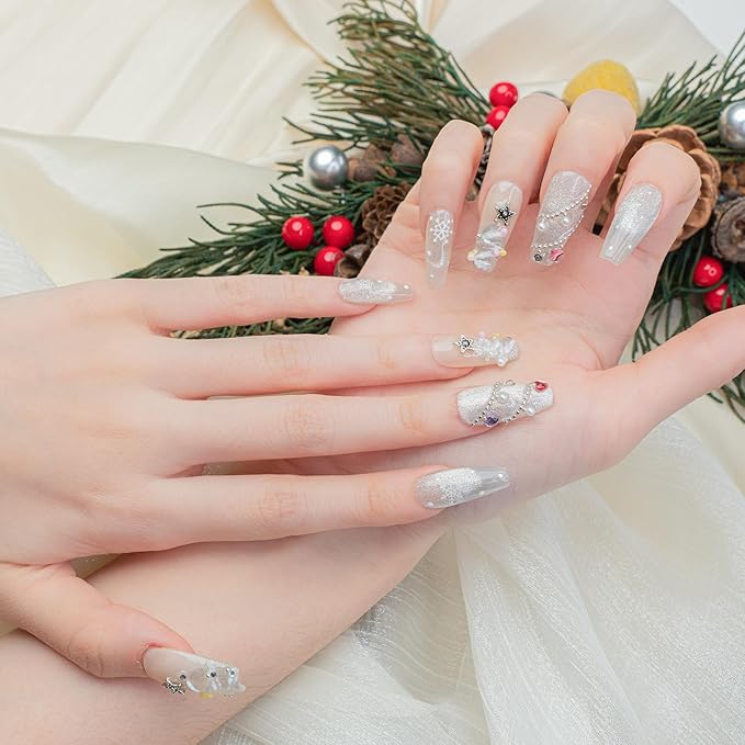 Sun&Beam Nails Handmade Press-on Medium Long Coffin Ballerina White Silver Purple Pink Christmas 3D Sweet Design Fashion False Nail Tips 10 Pcs Set (#197 XS)