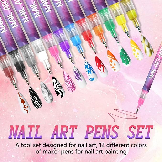 12 Color Nail Art Pens Set, 3D Quick-Dry 0.5MM Nail Polish Pens, Nail Art Painted Pen Kit, DIY Nail Art Marker Graffiti Dotting Pen, for Nails Art Design Manicure Nail DIY Decoration (A)