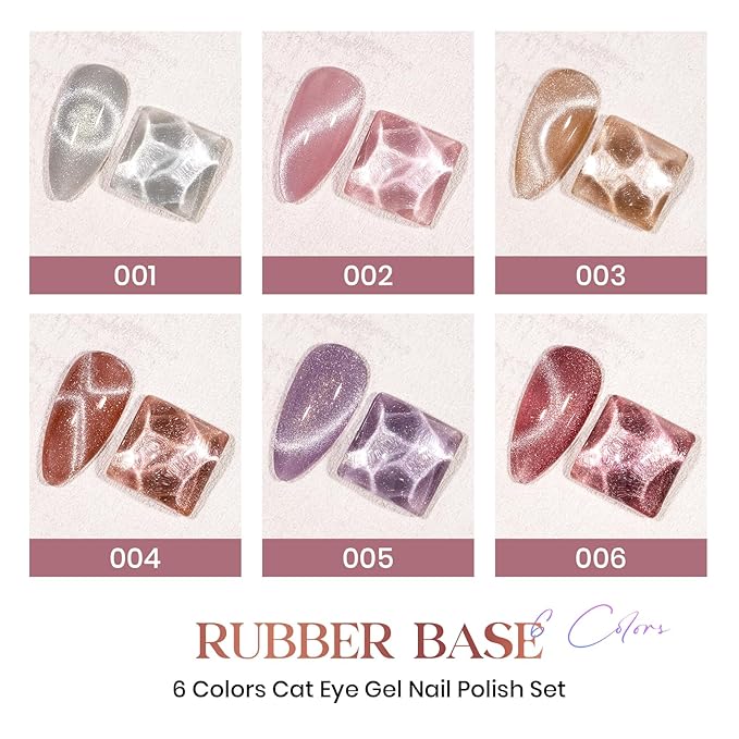 MIZHSE Cat Eye Gel Nail Polish, 3 in 1 Rubber Base Gel Magnetic Nail Polish, No Need Base Coat 6 Colors 10ml Holographic Glitter Velvet Cateye Polish with 2 Magnets Soak Off Nail Art Gift for Women